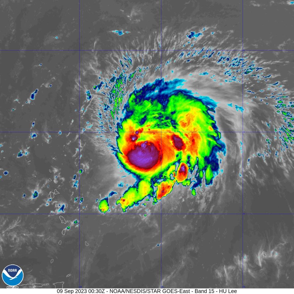 Hurricane Lee, as seen by a National Oceanic and Atmospheric Administration Satellite on Friday night, Sept. 8, 2023. The storm is forecast to bring rip currents and erosion to the U.S. East Coast.