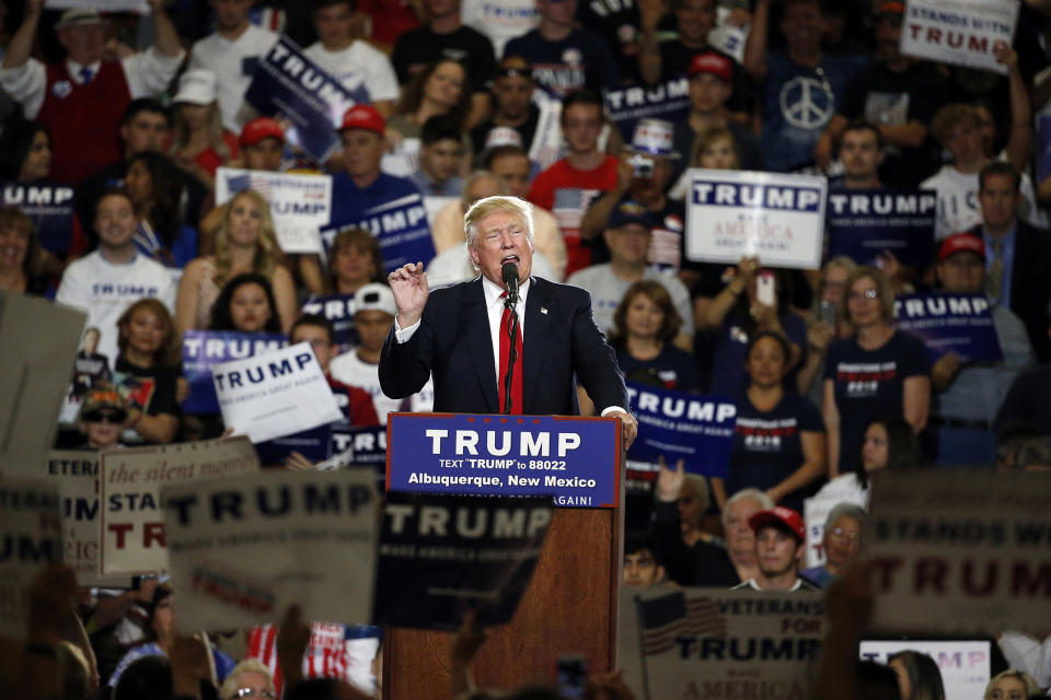 <p>Republican presidential candidate Donald Trump speaks at a campaign event in Albuquerque, N.M., Tuesday, May 24, 2016. (AP Photo/Brennan Linsley) </p>