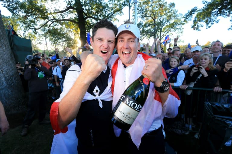 Justin Rose and Ian Poulter of England and the European Team celebrate the famous victory after the Singles Matches for the 39th Ryder Cup, at Medinah Country Club in Illinois, in September 2012