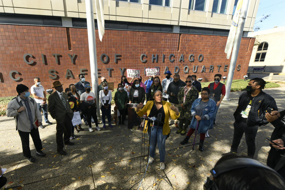 U.S. House Illinois District 7 Candidate Kina Collins speaks during a rally to protest former Chicago Mayor Rahm Emanuel's appointment as ambassador to Japan outside the Chicago Police Headquarters Tuesday, Oct. 19, 2021, in Chicago. The fatal police shooting of a Black teen in Chicago seven years ago is looming large over the city’s former mayor, Emanuel, as he looks to win confirmation as President Joe Biden’s ambassador to Japan. (AP Photo/Paul Beaty)