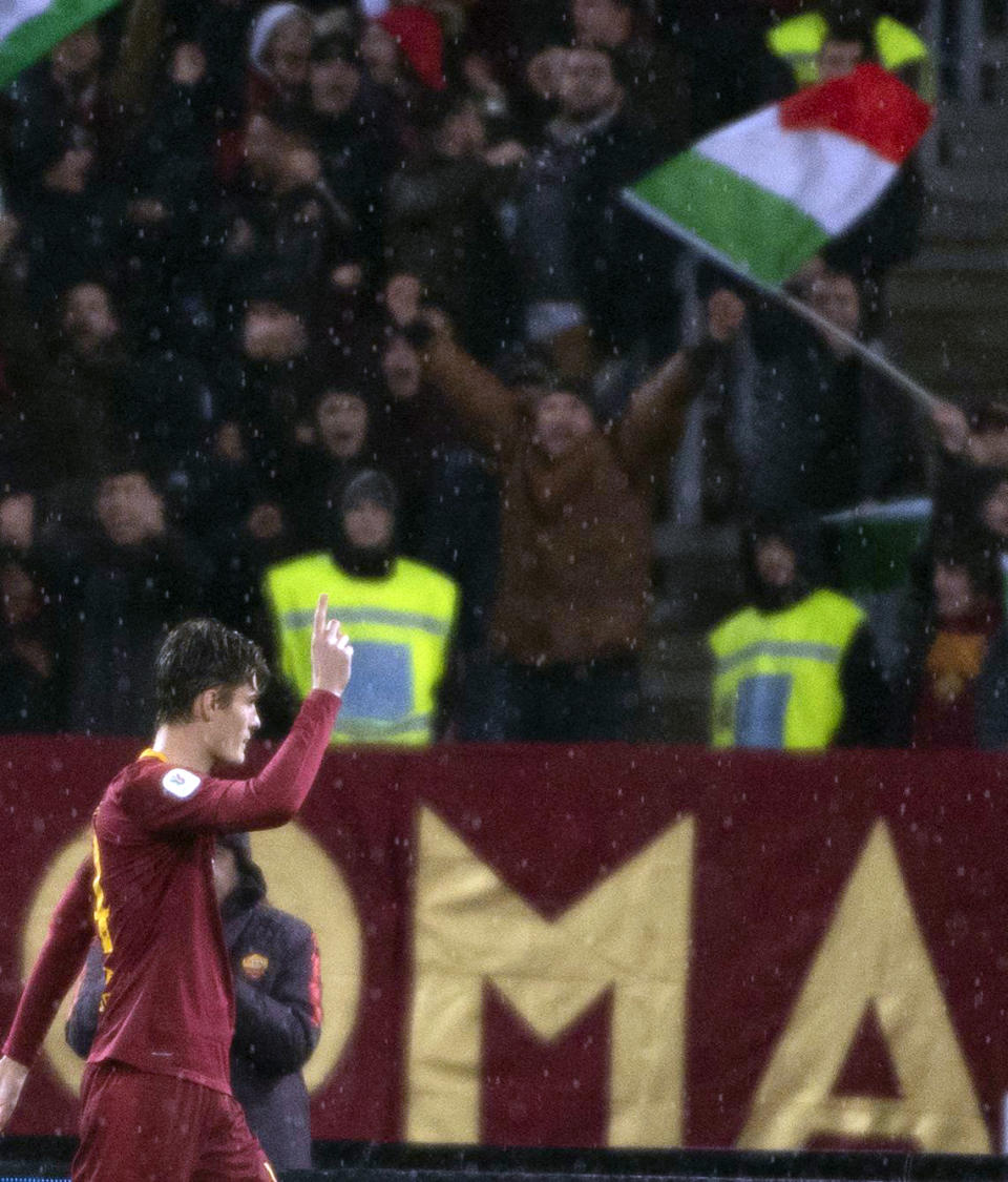 Roma's Patrik Schick celebrates after scoring a goal during the Italian Cup soccer match between AS Roma and Virtus Entella at the Olimpico stadium in Rome, Italy, Monday, Jan. 14, 2019. (Maurizio Brambatti/ANSA via AP)