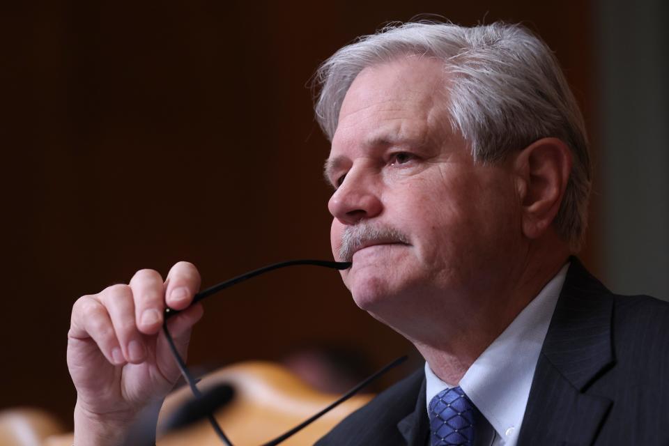 Sen. John Hoeven (R-ND) questions U.S. Secretary of Defense Lloyd Austin and Chairman of the Joint Chiefs of Staff Gen. Mark Milley while they testify before the Senate Appropriations Committee subcommittee on defense May 3, 2022 in Washington, DC.