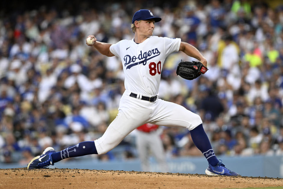 Los Angeles Dodgers starting pitcher Emmet Sheehan throws to a Cincinnati Reds batter during the fifth inning of a baseball game in Los Angeles, Saturday, July 29, 2023. (AP Photo/Alex Gallardo)