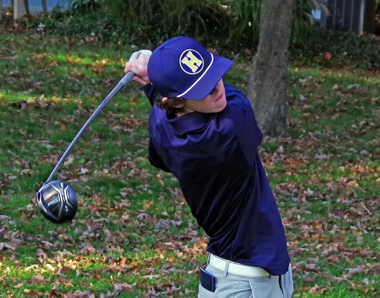 Chris Doherty of Hanover watches the sail of his drive from the 12th tee during the Div 2 Tourney at Thorny Lea golf course in Brockton on Tuesday, Oct. 31, 2023.