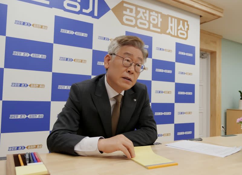 South Korea's Gyeonggi Province Governor Lee Jae-myung speaks during an interview with Reuters in Seuwon