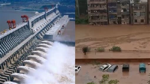 三峽大壩上遊洪水氾濫。（圖／翻攝自推特）