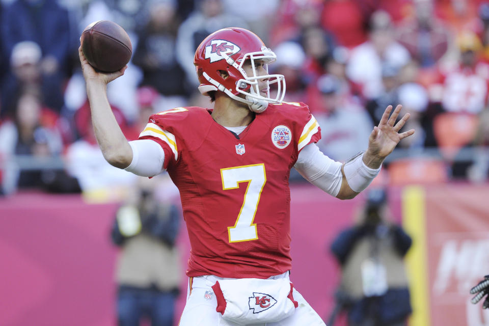 Kansas City Chiefs quarterback Matt Cassel (7) drops back to pass during the first half of an NFL football game against the Oakland Raiders at Arrowhead Stadium in Kansas City, Mo., Sunday, Oct. 28, 2012. (AP Photo/Reed Hoffmann)