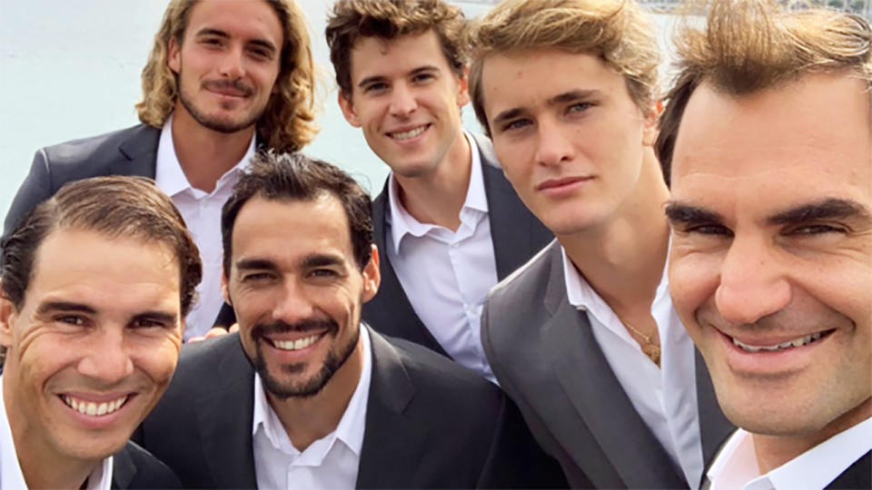 Roger Federer, pictured here with Rafael Nadal, Stefanos Tsitsipas, Fabio Fognini,  Dominic Thiem and Alexander Zverev.