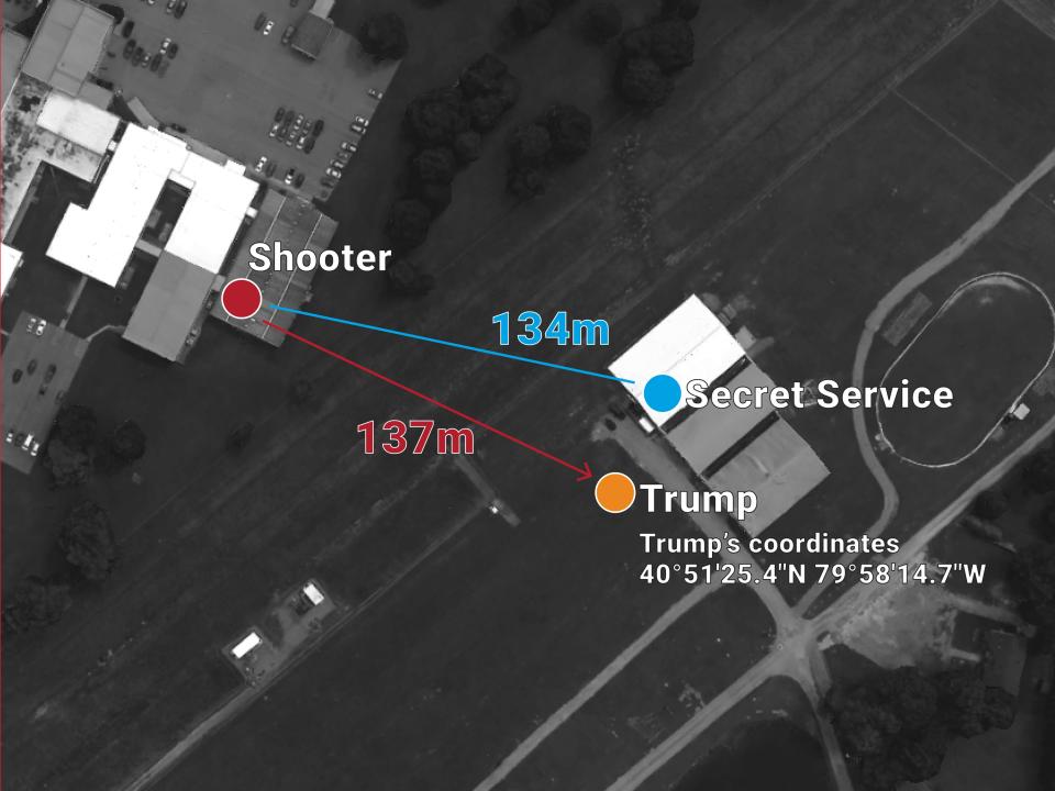 An aerial map shows the distance between the shooter and Former President Donald Trump and Secret Service.