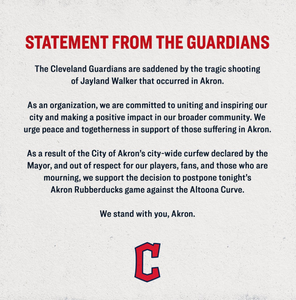 Cleveland Guardians statement on fatal shooting of Jayland walker