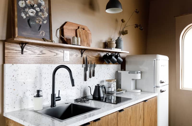 Terrazzo countertops in newly renovated kitchen.