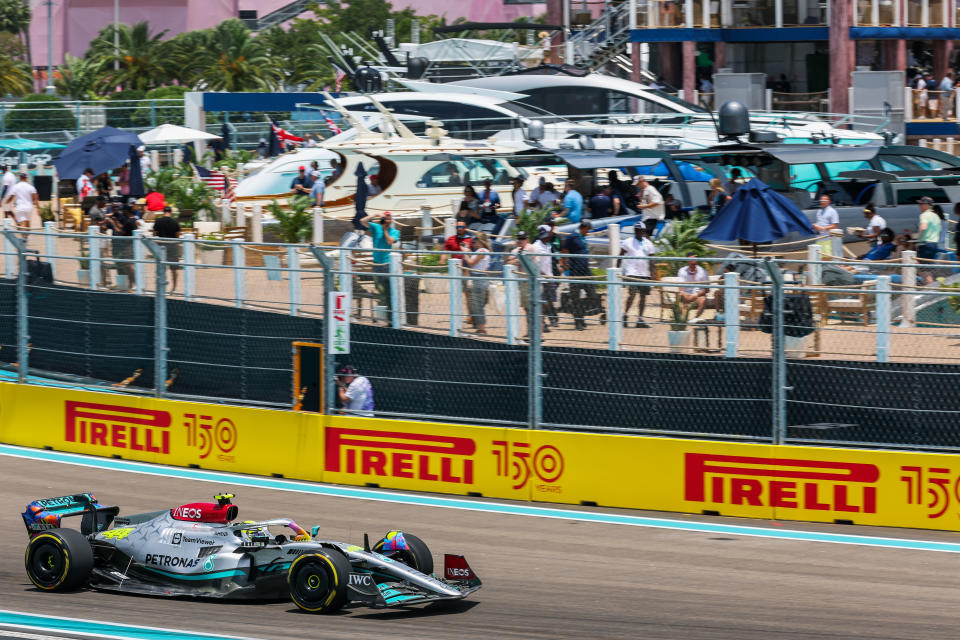 MIAMI, FLORIDA - MAY 07: Lewis Hamilton of Mercedes and Great Britain  during qualifying ahead of the F1 Grand Prix of Miami at the Miami International Autodrome on May 07, 2022 in Miami, Florida. (Photo by Peter J Fox/Getty Images)