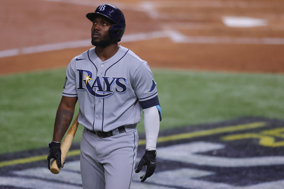 ARLINGTON, TEXAS - OCTOBER 27:  Randy Arozarena #56 of the Tampa Bay Rays reacts after striking out against the Los Angeles Dodgers during the second inning in Game Six of the 2020 MLB World Series at Globe Life Field on October 27, 2020 in Arlington, Texas. (Photo by Ronald Martinez/Getty Images)