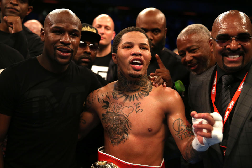 LONDON, ENGLAND - MAY 20:  Gervonta Davis of The United States celebrates with Floyd Mayweather following victory against Liam Walsh of England in the IBF World Junior Lightweight Championship match at Copper Box Arena on May 20, 2017 in London, England.  (Photo by Alex Pantling/Getty Images)