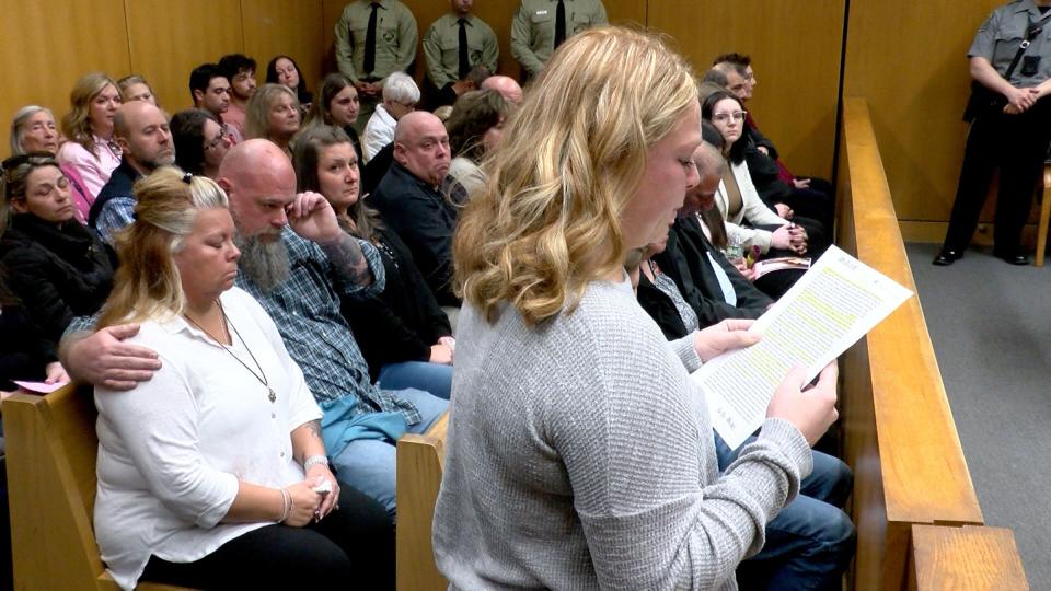 Kaitlyn Edwards addresses the court during the senetncing for Michael Pillarella who was convicted of vehicular homicide in a head-on collision in Little Egg Harbor that claimed the life of Gianna Palmieri and badly injured Edwards. The sentencing was before Superior Court Guy P. Ryan at the Ocean County Courthouse in Toms River Friday, May 5, 2023.