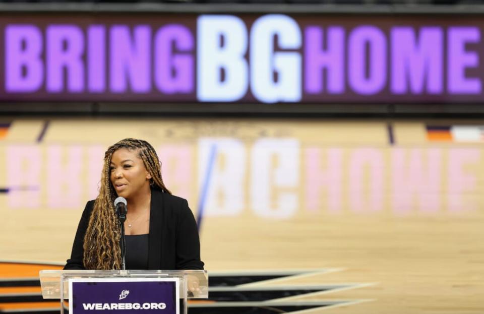 Cherelle Griner, the wife of Brittney Griner, speaks during a rally to support the release of detained American professional athlete Britney Griner at Footprint Center on July 06, 2022 in Phoenix, Arizona. (Photo by Christian Petersen/Getty Images)