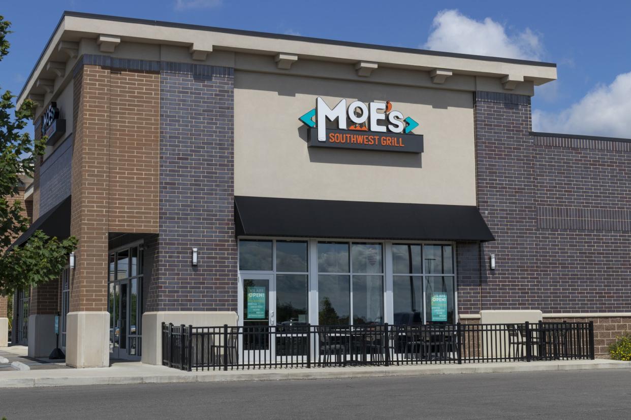 Westfield - Circa June 2020: Moe's Southwest Grill Fast Casual Restaurant. Moes is offering delivery and curbside options during Social Distancing.