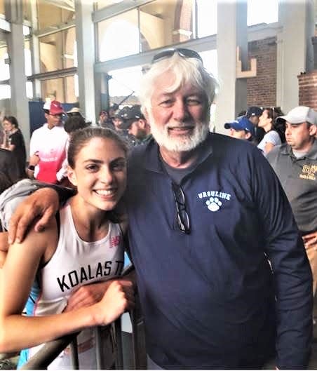 Daphne Banino and coach Jan Mitchell after she ran her final race for Ursuline June 19, 2022 at New Balance Outdoor Nationals in Philadelphia, Pennsylvania