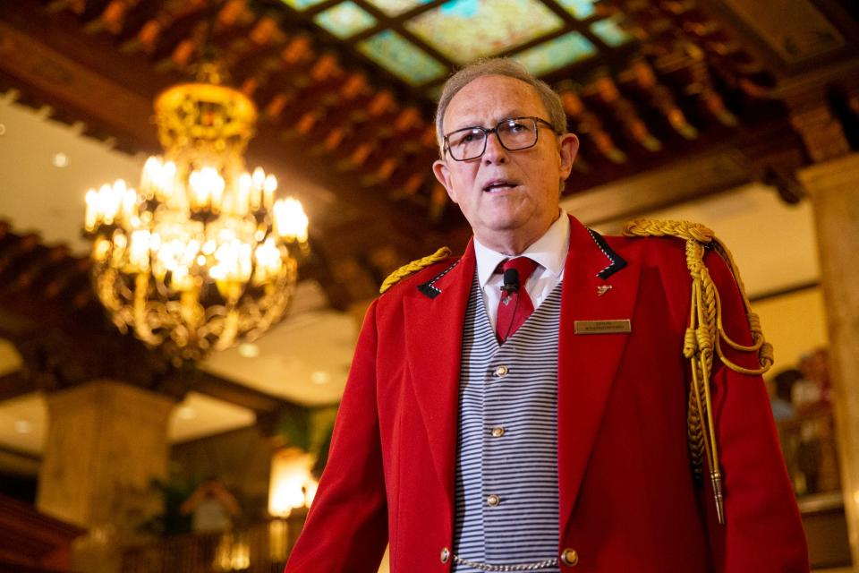 Duckmaster Doug Weatherford tells spectators the history of the Peabody ducks at The Peabody Memphis in Downtown Memphis, on Tuesday, May 30, 2023. 