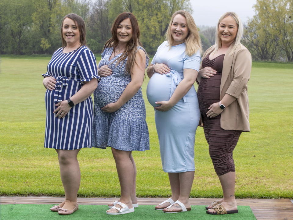 The sisters are all expecting new arrivals, pictured L-R Kerry-Anne Thomson (41), Jay Goodwillie (35), Kayleigh Stewart (29) and Amy Goodwillie (24). (Katielee Arrowsmith/SWNS)