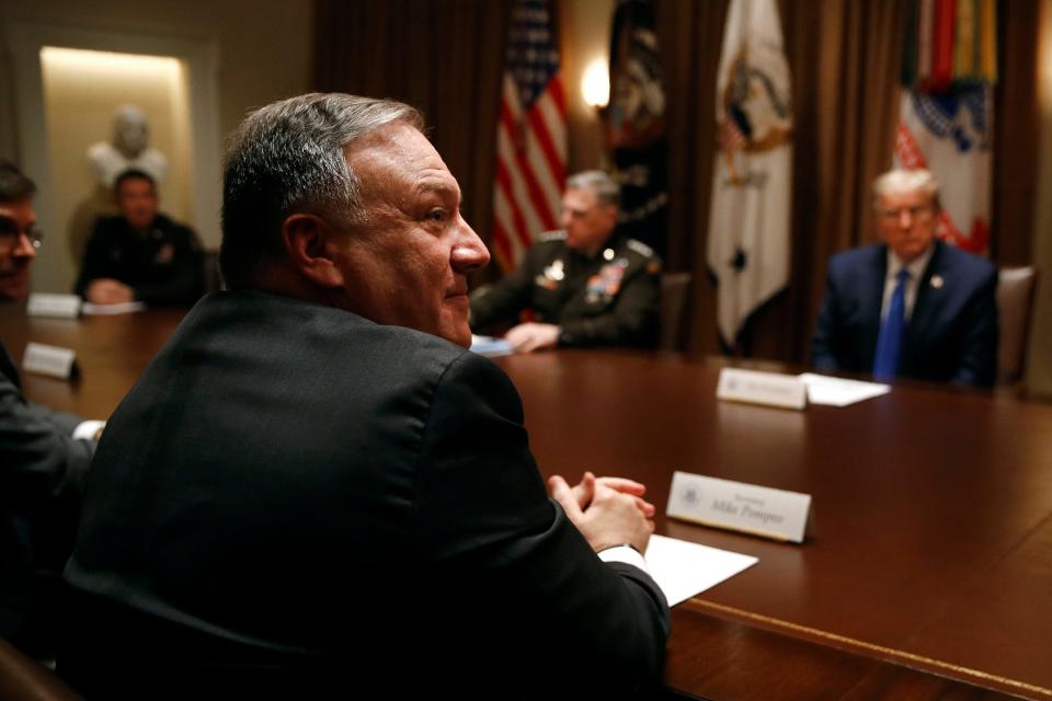 Secretary of State Mike Pompeo attends a meeting with President Donald Trump, senior military leaders and members of Trump's national security team in the Cabinet Room of the White House, Saturday, May 9, 2020, in Washington.