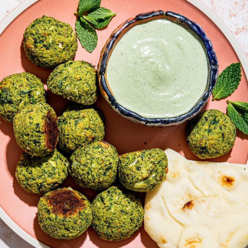 Herby Baked Falafel Bites with Spicy Mint Tahini Dip