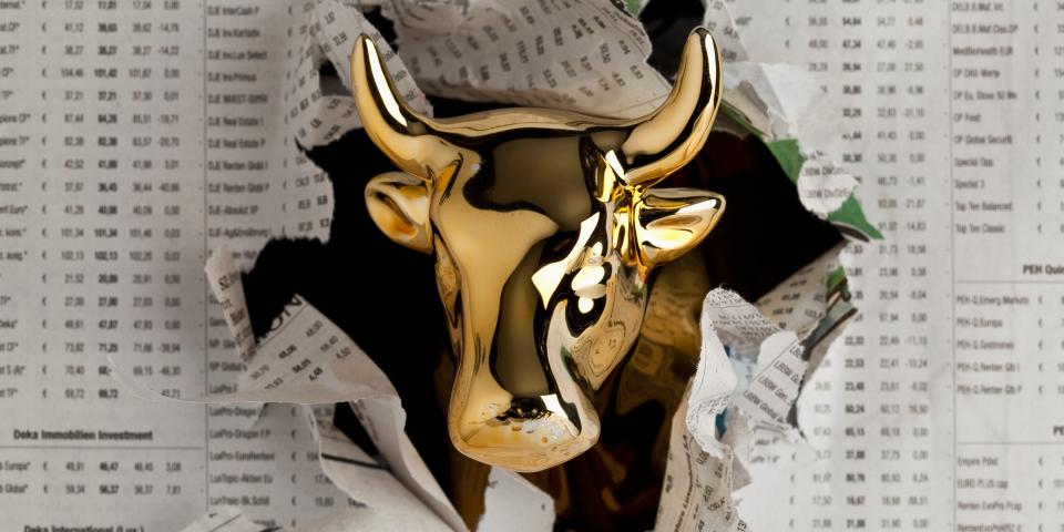 Detail of a gold bull breaking through the financial section of a newspaper - stock photo