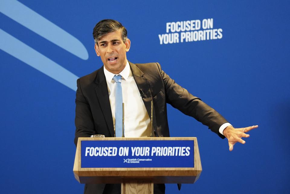 Prime Minister Rishi Sunak speaking during the launch of the Scottish Conservative party's General Election manifesto in Edinburgh (Jane Barlow/PA Wire)