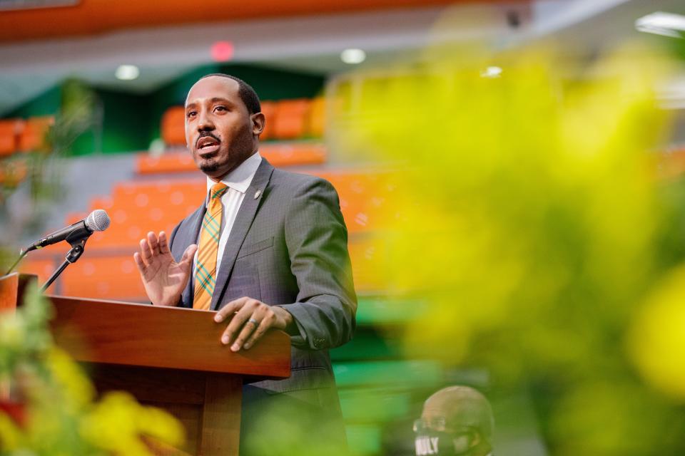 Rep. Ramon Alexander presents as the keynote speaker for the Florida A&M University MLK Convocation Friday, Jan. 14, 2022. 