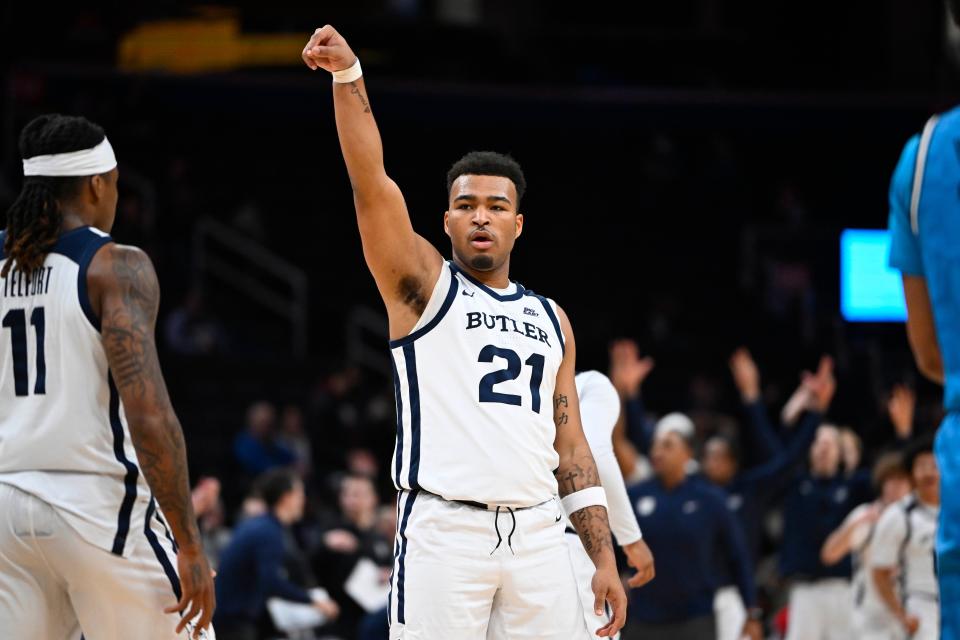 Butler Bulldogs guard Pierre Brooks (21) reacts after a three point basket against the Butler Bulldogs during the first half at Capital One Arena, Jan. 23, 2024.