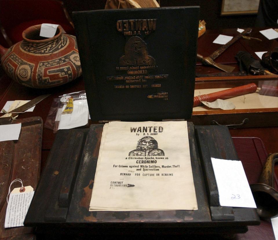 FILE - An 1800's field printing press used by the U.S. Army in the Arizona Territory to make posters of the escaped Apache Indian war chief Geronimo, is displayed at Mayor Stephen Reed's office, July 10, 2003, in Harrisburg, Pa. The near-total abortion ban resurrected last week by the Arizona Supreme Court dates to 1864, a time when gold-seekers were moving in, dueling had to be regulated and the U.S. Army was forcibly removing Native Americans from their land. The law's revival is just the latest instance of long-dormant restrictions influencing current abortion policies after the overturning of Roe v. Wade. (AP Photo/Carolyn Kaster, File)