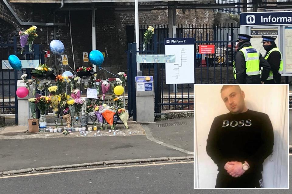 <p>Officers look at tributes left outside Hounslow station. Right: Jef Saker</p> (John Dunne/Handout)