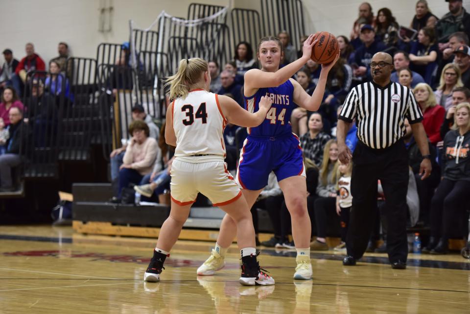 St. Clair's Audrey Schindler looks to pass the ball during a game in 2023.