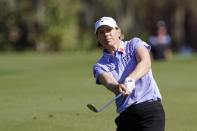 Annika Sorenstam chips a shot to the ninth green during the first round of the Gainbridge LPGA golf tournament Thursday, Feb. 25, 2021, in Orlando, Fla. (AP Photo/John Raoux)