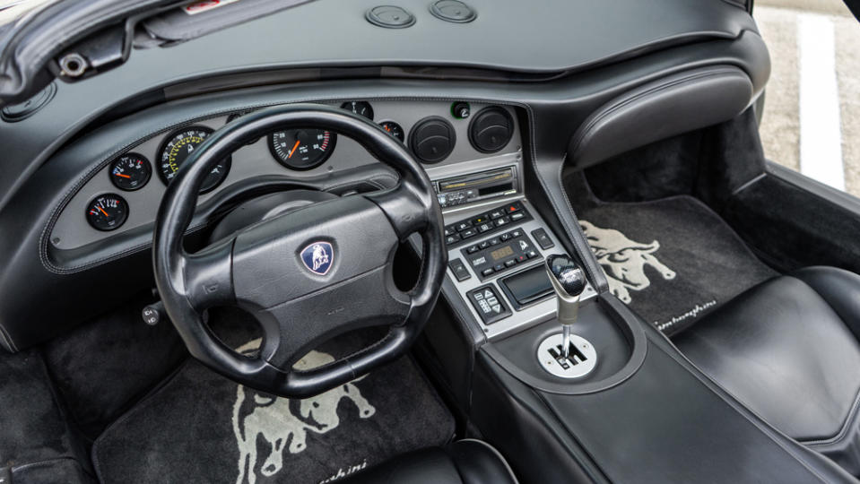 The interior of a 1999 Lamborghini Diablo VT Roadster.