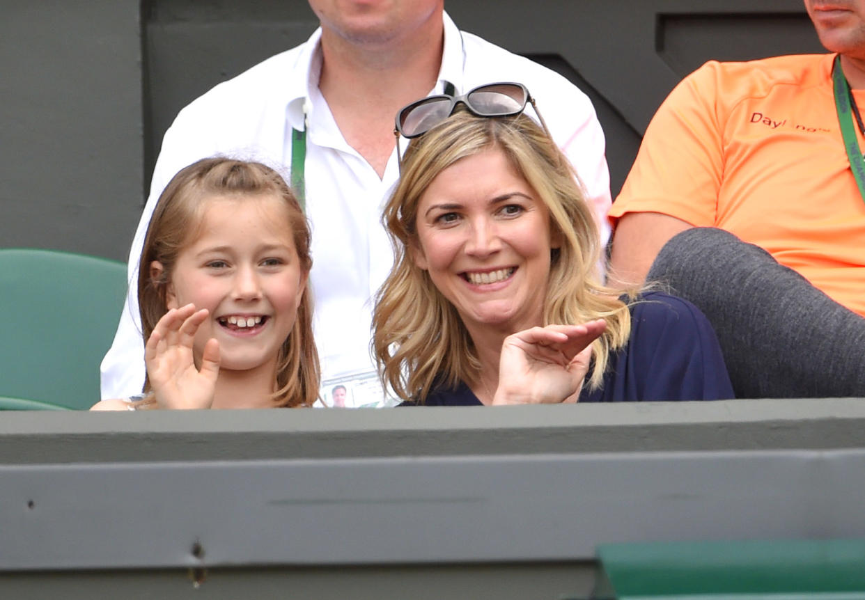 LONDON, ENGLAND - JUNE 29:  Lisa Faulkner (R) attends the Philipp Kohlschreiber v Novak Djokovic match on day one of the Wimbledon Tennis Championships on June 29, 2015 in London, England.  (Photo by Karwai Tang/WireImage)