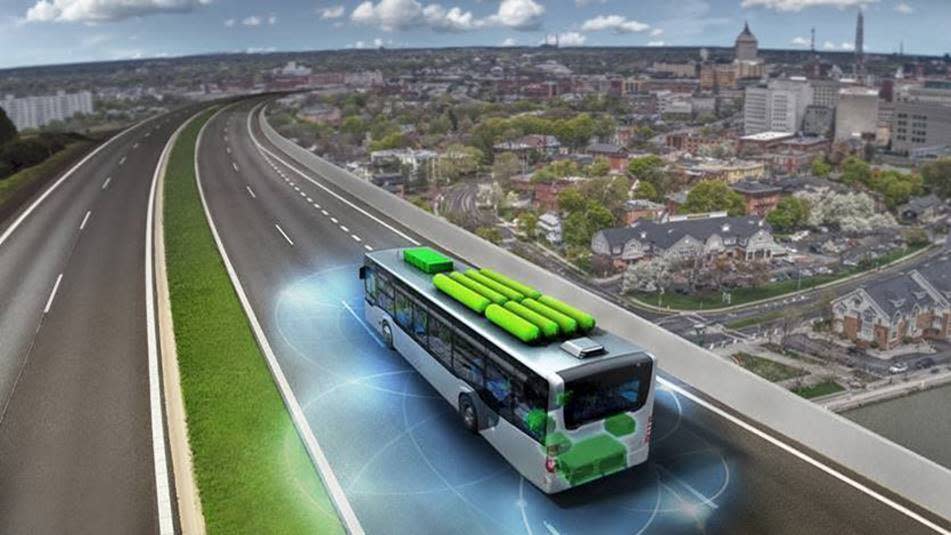 A rendering of an Axess EVO-FC hydrogen fuel cell bus powered by an electric propulsion system manufactured by BAE Systems of Endicott, NY. The Rochester-Genesee Regional Transportation Authority has ordered three of the buses to add hydrogen power to its growing fleet of clean energy vehicles.