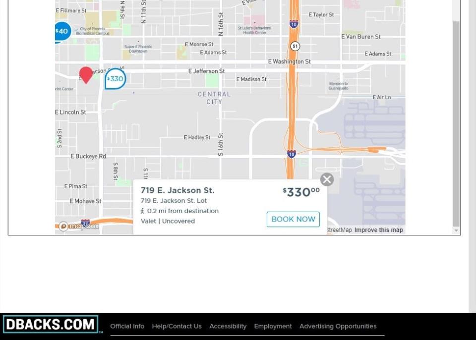 ParkWhiz via the Arizona Diamondbacks website offers pre-booked parking options near Chase Field for Game 4 of the World Series between the DBacks and the Texas Rangers on Tuesday, Oct. 31, 2023.