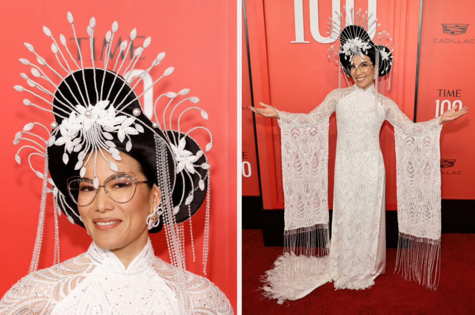 closeup of the headpiece and of her wearing the traditional dress with long fringed sleeves