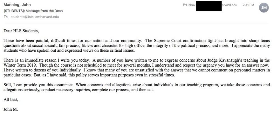 (Photo: Email from Dean John Manning to Harvard Law students)