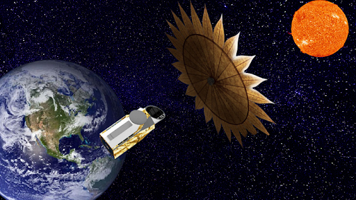  An illustration shows the Habitable Worlds Telescope in orbit around Earth with its starshade unfolded 