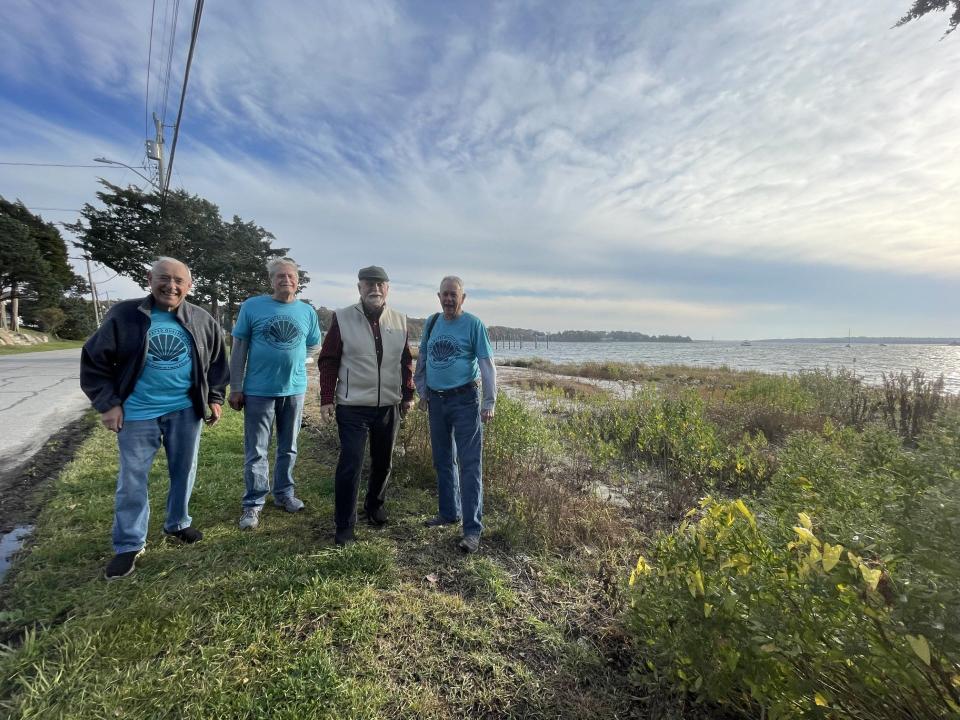 To address water quality in Bourne's Hen Cove, the Pocasset Water Quality Coalition is planning to create rain gardens. On the shore of Hen Cove are, from left, coalition founder Frank Gasson, Treasurer Jerry Struzik, Vice President Bob Dwyer and President Keith Barber.