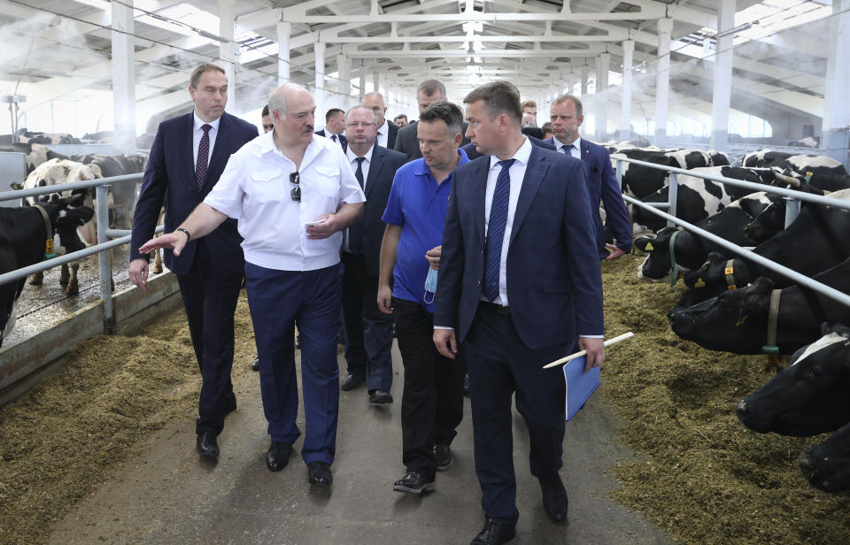 Belarusian President Alexander Lukashenko, second left, talks to local officials as he visits a Bortniki dairy farm in the Svisloch region, some 290 km (181 miles) west of Minsk, Belarus, Thursday, June 24, 2021. (Maxim Guchek/BelTA Pool Photo via AP)