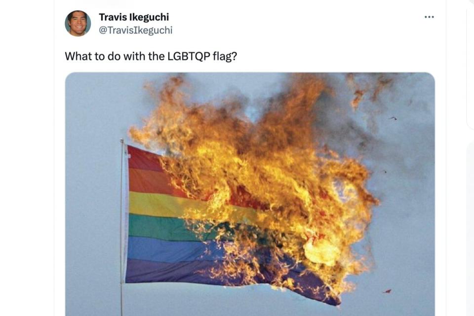 Burning Pride flag seen on Travis Ikeguchi’s X / Twitter account (X / Twitter)