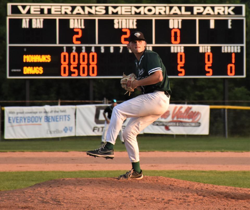 Fairfield University right-hander Kevin Kell held previously unbeaten Amsterdam hitless into the fifth inning and helped the Mohawk Valley DiamondDawgs end the Mohawks' nine-game season-opening winning streak Thursday at Veterans Memorial Park.