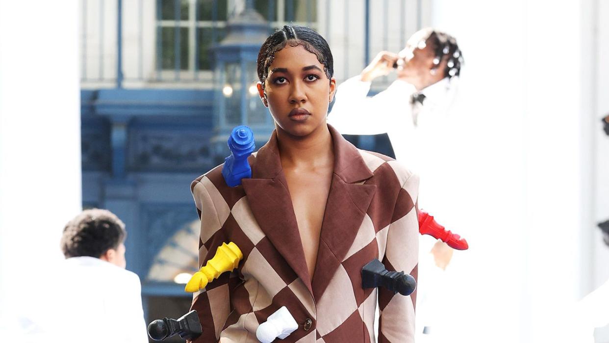 Aoki Lee Simmons walks the runway during the Pyer Moss Couture Haute Couture Fall/Winter 2021/2022 show as part of Paris Fashion Week on July 10, 2021 in Irvington