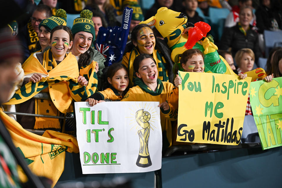 Fans of Australia cheer during the FIFA Women's World Cup match between Australia and England at Stadium Australia on Aug. 16, 2023 in Sydney, Australia. (Photo by Gao Meng/VCG via Getty Images)