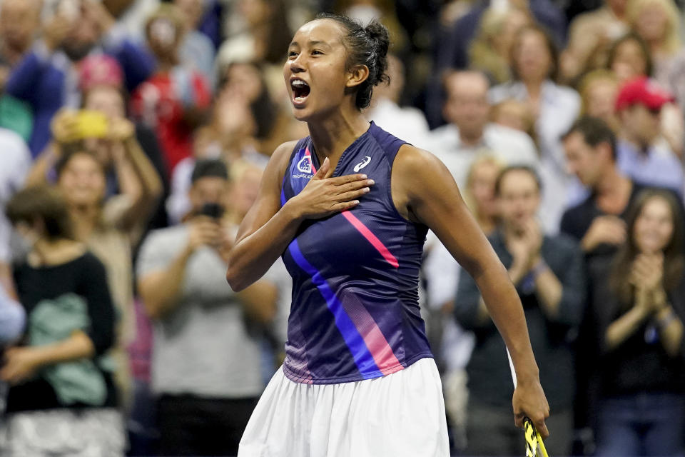 Leylah Fernandez, of Canada, reacts after defeating Aryna Sabalenka,of Belarus, during the semifinals of the US Open tennis championships, Thursday, Sept. 9, 2021, in New York. (AP Photo/Seth Wenig)