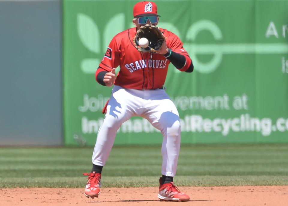 Erie SeaWolves shortstop Trei Cruz makes a play against the Portland Sea Dogs at UPMC Park in Erie on April 26, 2023.