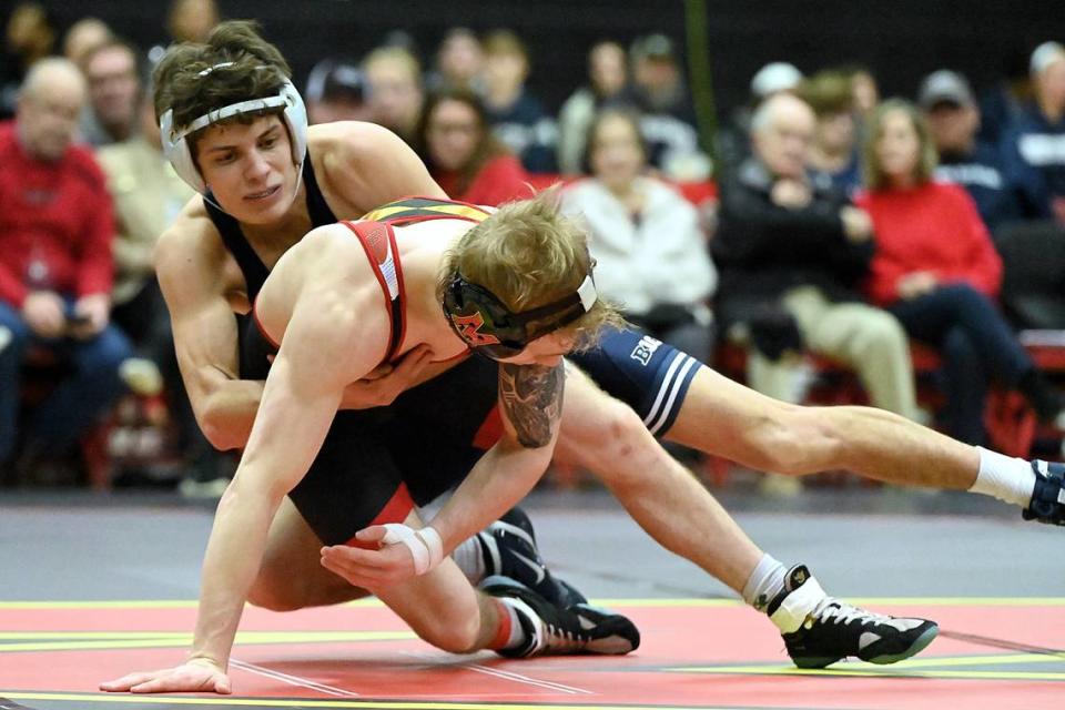 Penn State’s Baylor Shunk, who is a Penns Valley graduate, controls Maryland’s Braxton Brown in their 133-pound bout of the Nittany Lions’ 42-6 win on Sunday. Brown topped Shunk, 8-3.